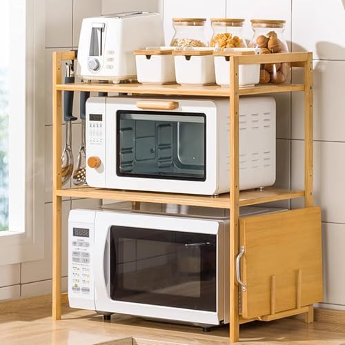 2-Tier Bamboo Microwave Shelf with 4 Hooks
