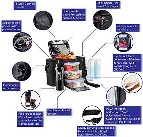 Meal Prep Lunch Bag/Box with 3 Food Containers, 45 Oz., Black