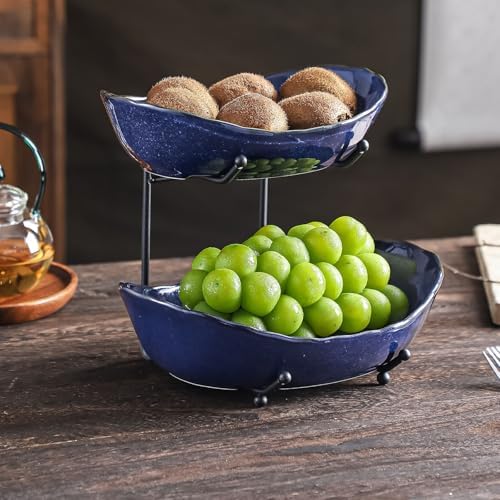 2-Tier Fruit Bowls for Kitchen Counter,Dark Blue Ceramic Bowl with Black Metal Stand,2 Tier Fruit Basket for Fruit,Snack,Cake,Nuts,Dessert Storage