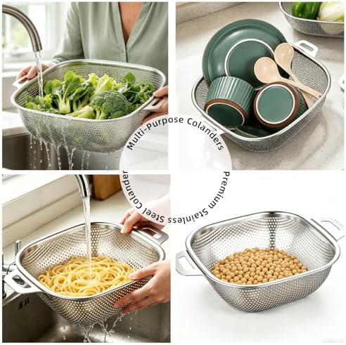 6QT 3-Piece Square Stainless Steel Colander Set w/Handle, Microporous High Foot Strainer for Spaghetti & Veggies Draining, Dishwasher Safe, Gift Box Packed Kitchen Draining Tool (6QT+4QT+2.4QT)