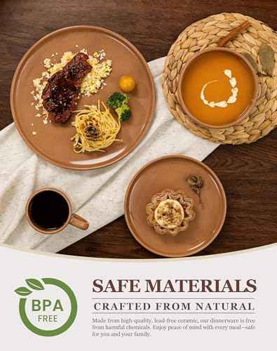 OTAGO 32-Piece Stoneware Dinnerware Set for 8 with Mugs, Plates and Bowls Sets Partially Unglazed Base, Scratch Resistant Ceramic Dish Set, Microwave & Dishwasher Safe for Kitchen Dinner Dining, Brown