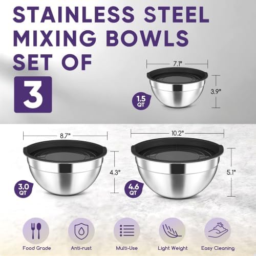 Herogo Stainless Steel Mixing Bowls with Lids Set of 3, 1.5/3/4.6Qt