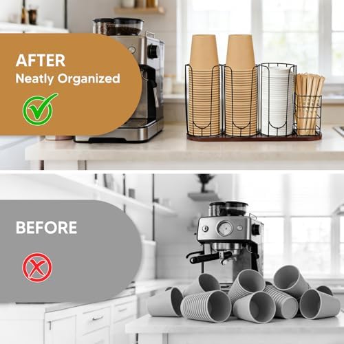 4-Compartment 18oz Coffee Cup Dispenser Rack with Wood Base
