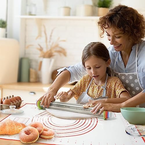 Stainless Steel Rolling Pin and Silicone Mat Set, Adjustable Thickness