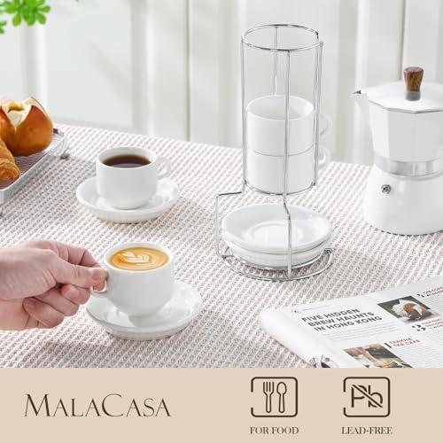 MALACASA Porcelain Espresso Cups Set of 4, with Saucers and Metal
