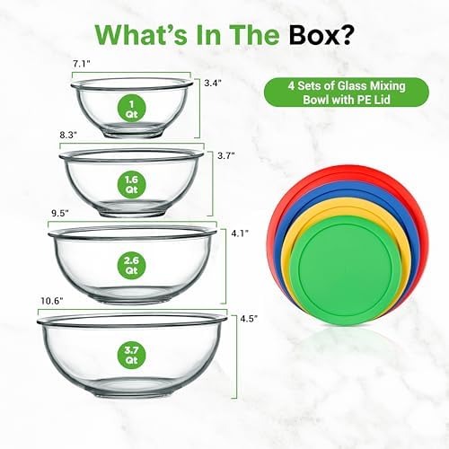 NutriChef 4‐Piece Glass Mixing Bowls with Lids – Premium Borosilicate