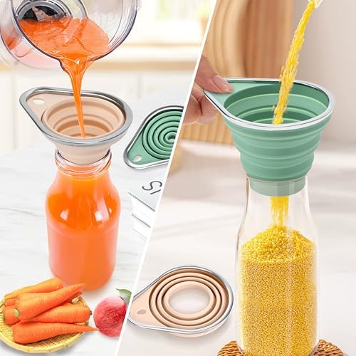Stainless Steel Rim Silicone Collapsible Funnel Set, 2 Pack Large &