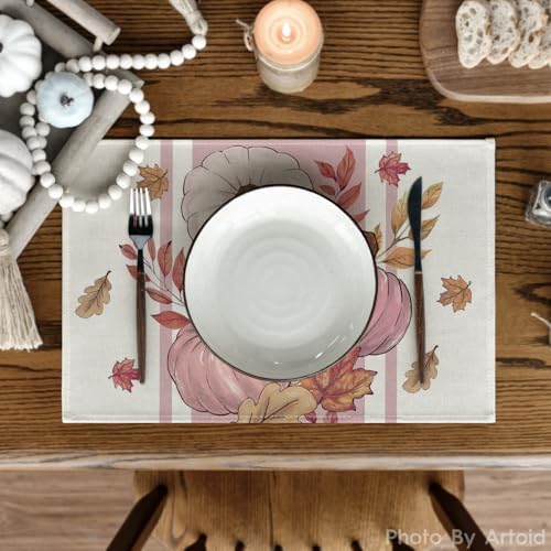 Artoid Mode Pink Pumpkin Maple Leaf Fall Placemats Set of 4-12