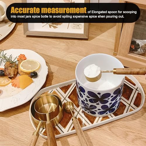 SHIKORI Gold Measuring Cups and Spoons Set with Wood Handles 8PCS