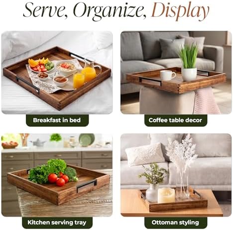 22" x 22" Large Square Acacia Wood Ottoman Tray with Extended Metal
