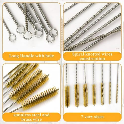 7 PCS Brass Wire Tube Brush Kit Wire Bottle Brushes, 11'' Long-Handle