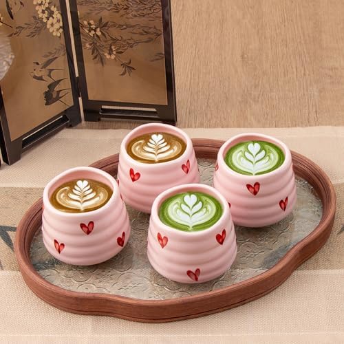 Ceramic Tea Cup Set, 5OZ Espresso Cups, Pink Love, Set of 4
