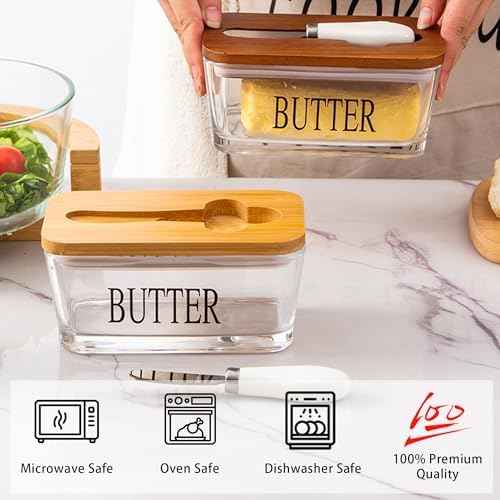 Glass Butter Dish with Acacia Lid & Knife, Covered Butter Holder
