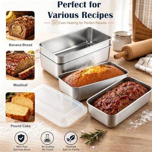 E-far Loaf Pan with Lids, 9 x 5 Inch Stainless Steel Bread Pans Set of