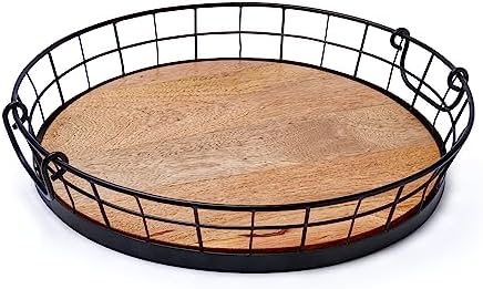 Spectrum Madison Round Metal Wooden Serving Tray with Handles for