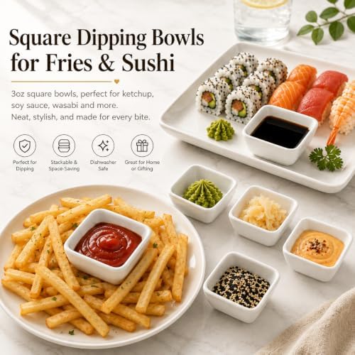 3 OZ Square Dip Bowls Set of 6, White Ceramic Dipping Sauce Dishes