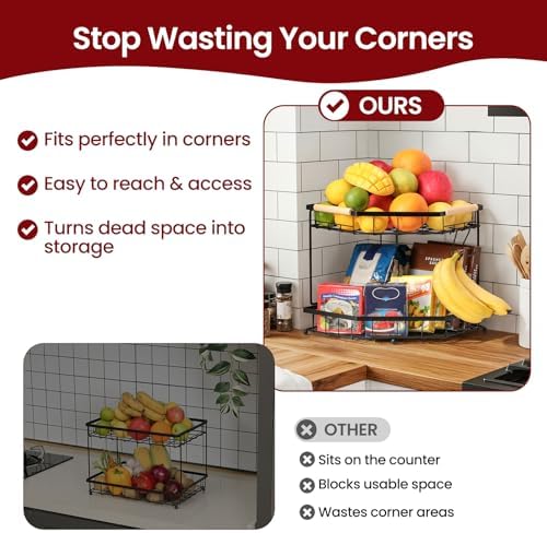 2 Tier Corner Fruit Basket for Kitchen Counter with Banana Hangers, Detachable Fruit Bowl with Wooden Handle, Metal Corner Rack for Fruit and Vegetable Storage, Kitchen Countertop Organizer