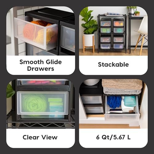 IRIS USA 4-Pack, 6 Qt. Stacking Drawer Storage Organizer, Black