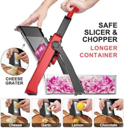 SupMaKin Safe Mandoline Slicer for Kitchen,Pptato Slicer, Vegetable Onion Chopper, French Fry Cutter, Adjustable Thickness, Julienne & Dicer Salad Chopping Artifact (4V RED)