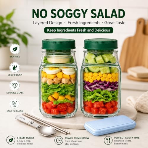 Nexoro 2 Pack Salad Jar with Side Opening Lid, Salad Bowl Container