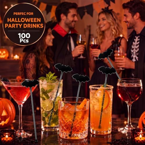 Silifine 100 Pcs Halloween Swizzle Sticks Plastic Bat Drink Stirrers