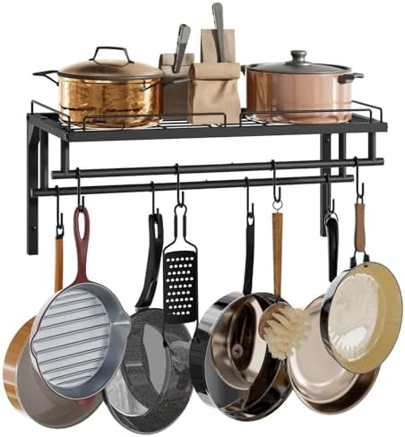 CHOEZON Hanging Pot Rack, Wall-Mounted Pot Rack, Kitchen Cookware Organizer, Metal Pot and pan Organizer Holder, for Cookware, Utensils Organization, Black TPR37BB