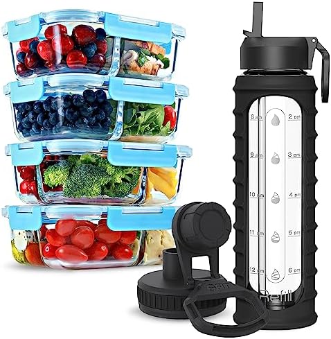 Glass Meal Prep Containers, 4-Pack, Blue & 32 oz Glass Water Bottle