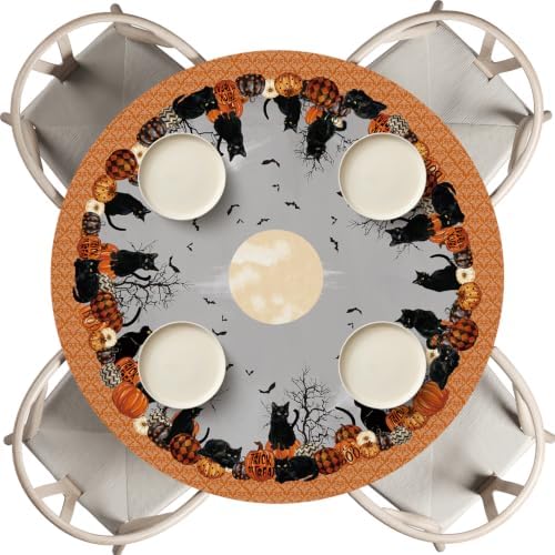 Horaldaily Halloween Fitted Tablecloth for 45"-56" Round,Cat Moon Bat