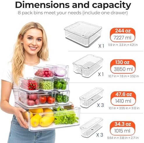 SMRCAD Clear Fridge Bins with Drain Trays - BPA-Free PET, Stackable