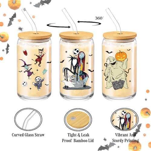 Nightmare Before Halloween Glass Cup for Women Men, 16 oz Glass Cup