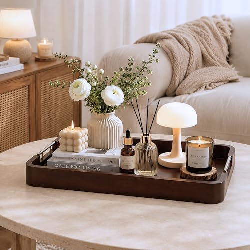 22x16 Inches Large Wooden Serving Tray with Metal Handles for Dining