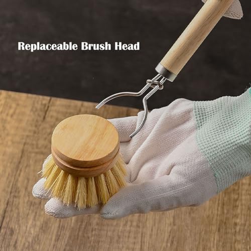 Bamboo Dish Brush with Handle, 3 Natural Bristle Heads
