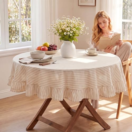 Boao Cotton Striped Tablecloth Round 60" Beige White