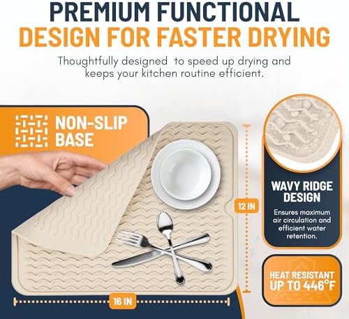Silicone Dish Drying Mat for Kitchen Counter - Multi-Use 16 x 12 Inch