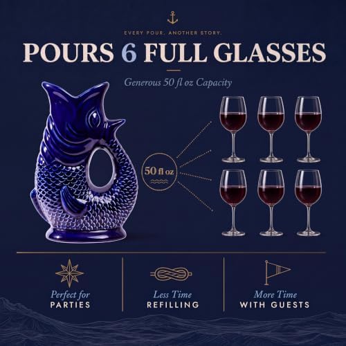 Fish Jug 50 fl oz Ceramic Pitcher, Dark Cobalt Blue
