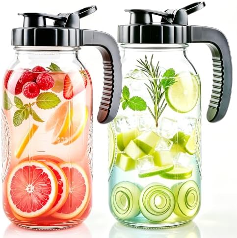 Glass Pitcher With Pour Spout Lid 64 OZ Wide Mouth Mason Jar Pitcher