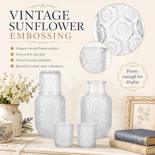 2 Set Bedside Water Carafe and Glass Set, 18oz Nightstand Pitcher with