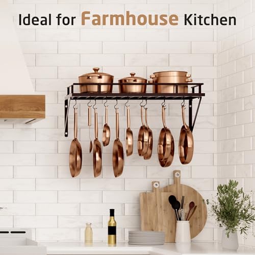 KES 30-Inch Wall Pot Rack, Oil Bronze, 88lb Capacity, 12 Hooks, Farmhouse