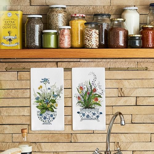 Chinoiserie Floral Kitchen Towels Set of 2 - Retro Flower Chinoiserie