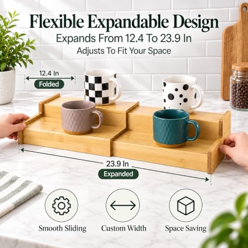 Expandable Bamboo Mug Holder, 2-Tier Expandable Coffee Mug Holder for
