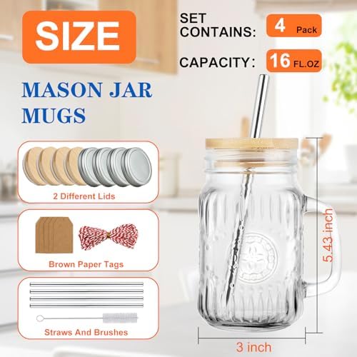 Magicsky Glass Mason Jar Drinking Cups with Handles Iced Coffee Mugs