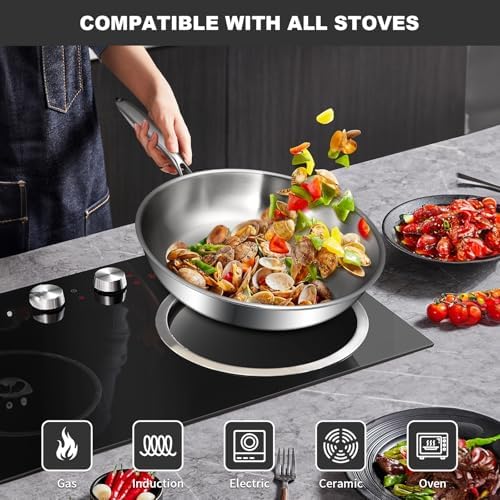 EWFEN Tri-Ply Stainless Steel Frying Pans Set, 8”/10”/12” Cooking
