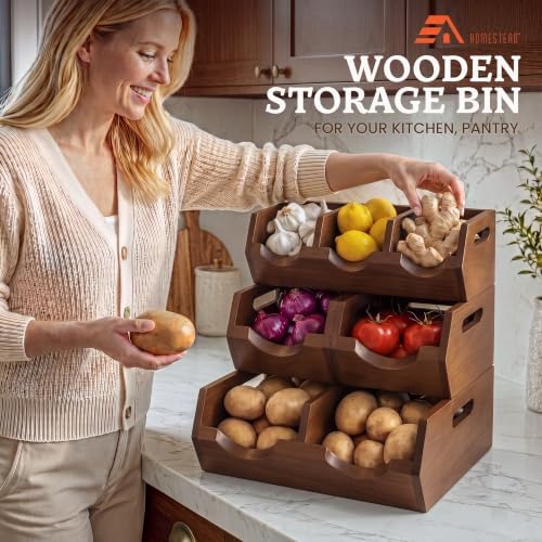 HOMESTEAD 3-Tier Stackable Wood Storage Bin, Ventilated Potato and