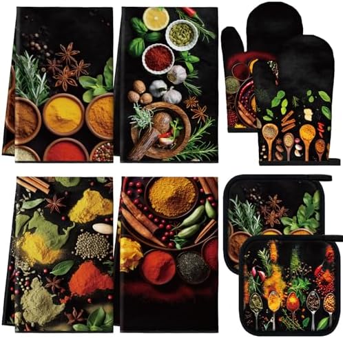 Teenyyou 8 Pcs Colorful Spices Kitchen Towels, Pot Holders and Oven