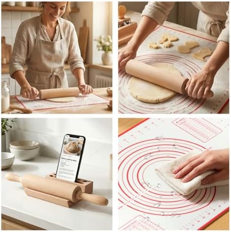 Wood Rolling Pin with Silicone Baking Mat and Wooden Base