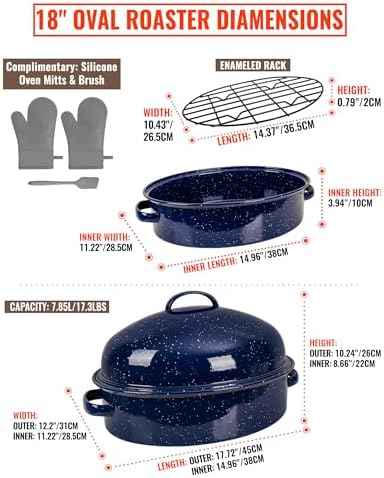 Turkey Roasting Pan with Lid & Rack, 18" Enamel Large Roaster Pan Set