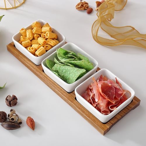 3 Pack Chip & Dip Serving Set with Wooden Tray, Oven Safe Bowls for