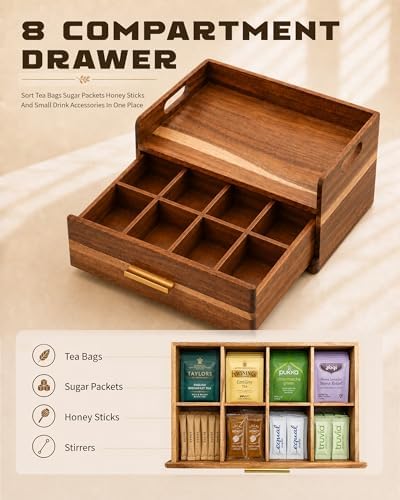 Acacia Wood Tea Bag Organizer for Countertop, Tea Holder Organizer