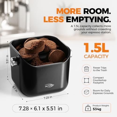 IKAPE Espresso Knock Box for Coffee Grounds, 1.5L Large Capacity