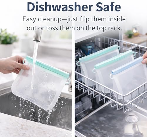 Silicone Reusable Food Storage Bags Set of 3 Leakproof Dishwasher and
